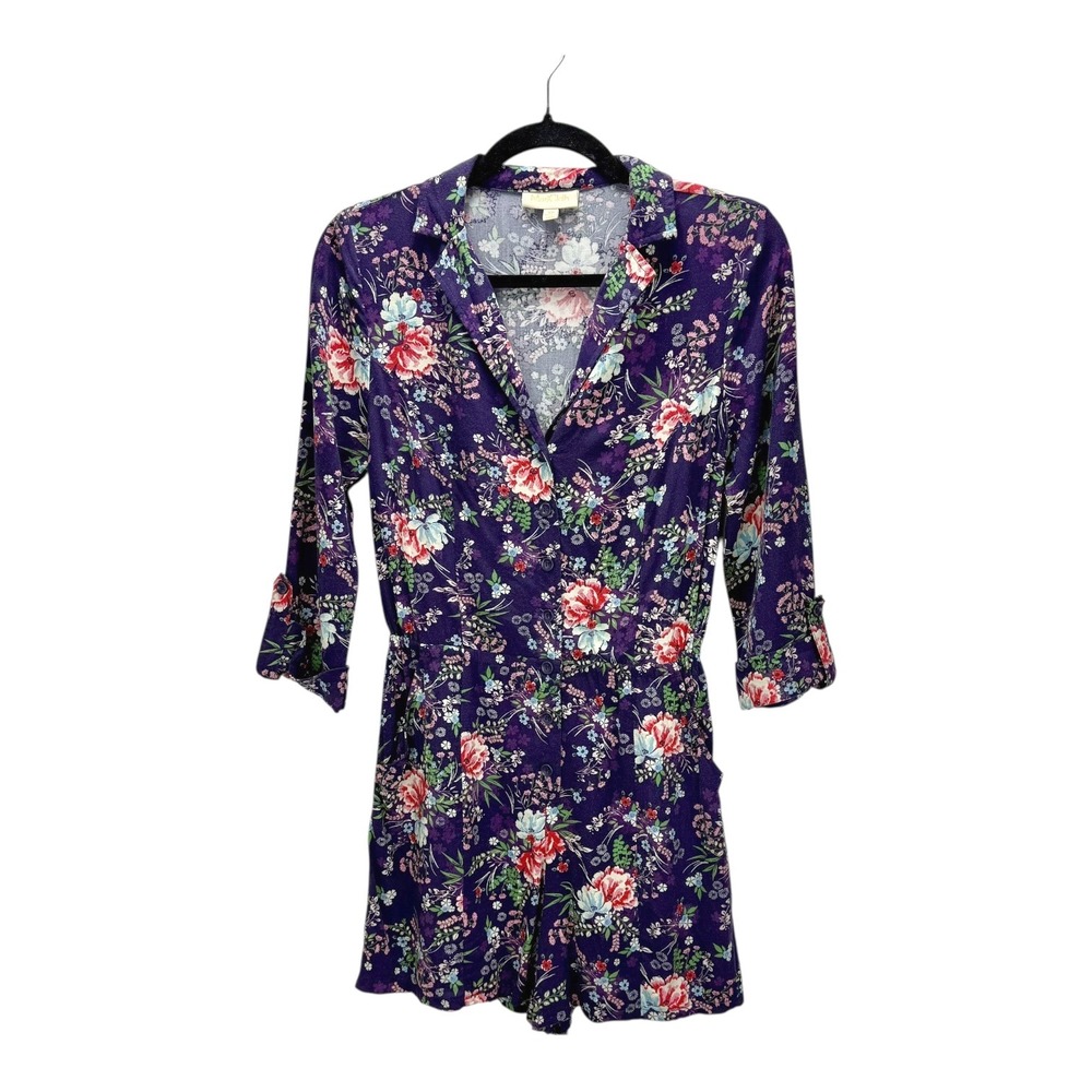 ModCloth‎ Floral Print Romper XS Purple Button Down Pockets V Neck 3/4 Sleeve